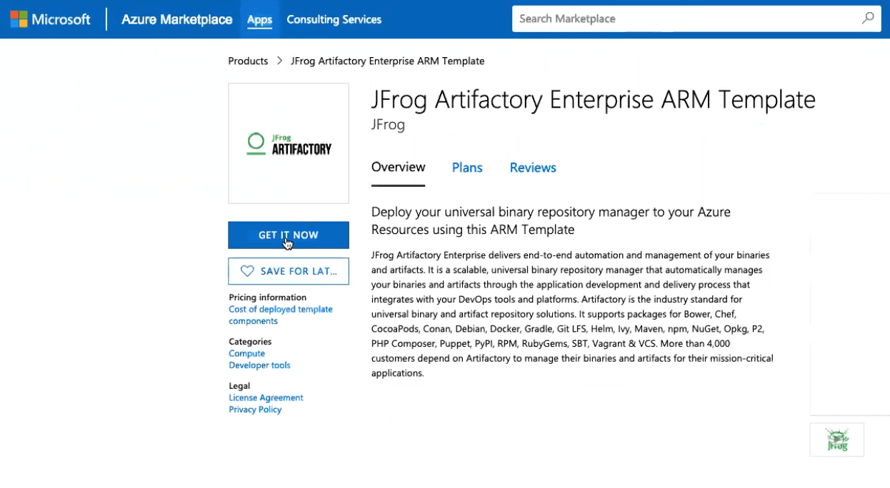 Artifactory Enterprise in Azure Marketplace
