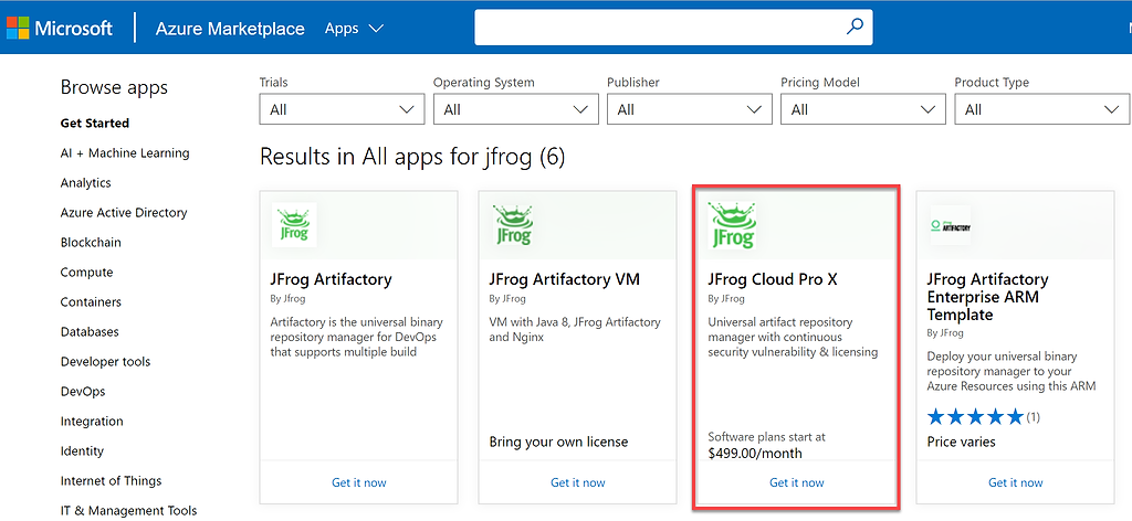 Azure Marketplace Search for JFrog