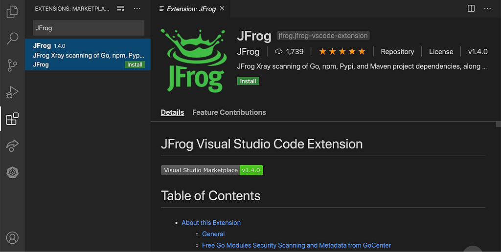 JFrog VS Code IDE extension - Golang free security scanning 