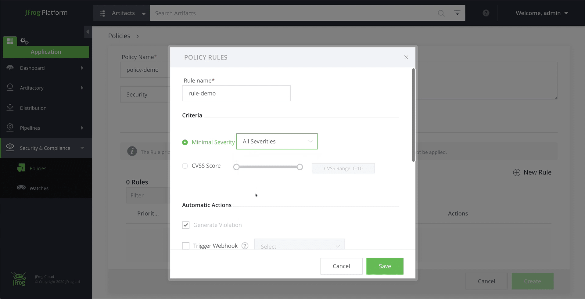 Define a policy in JFrog Xray