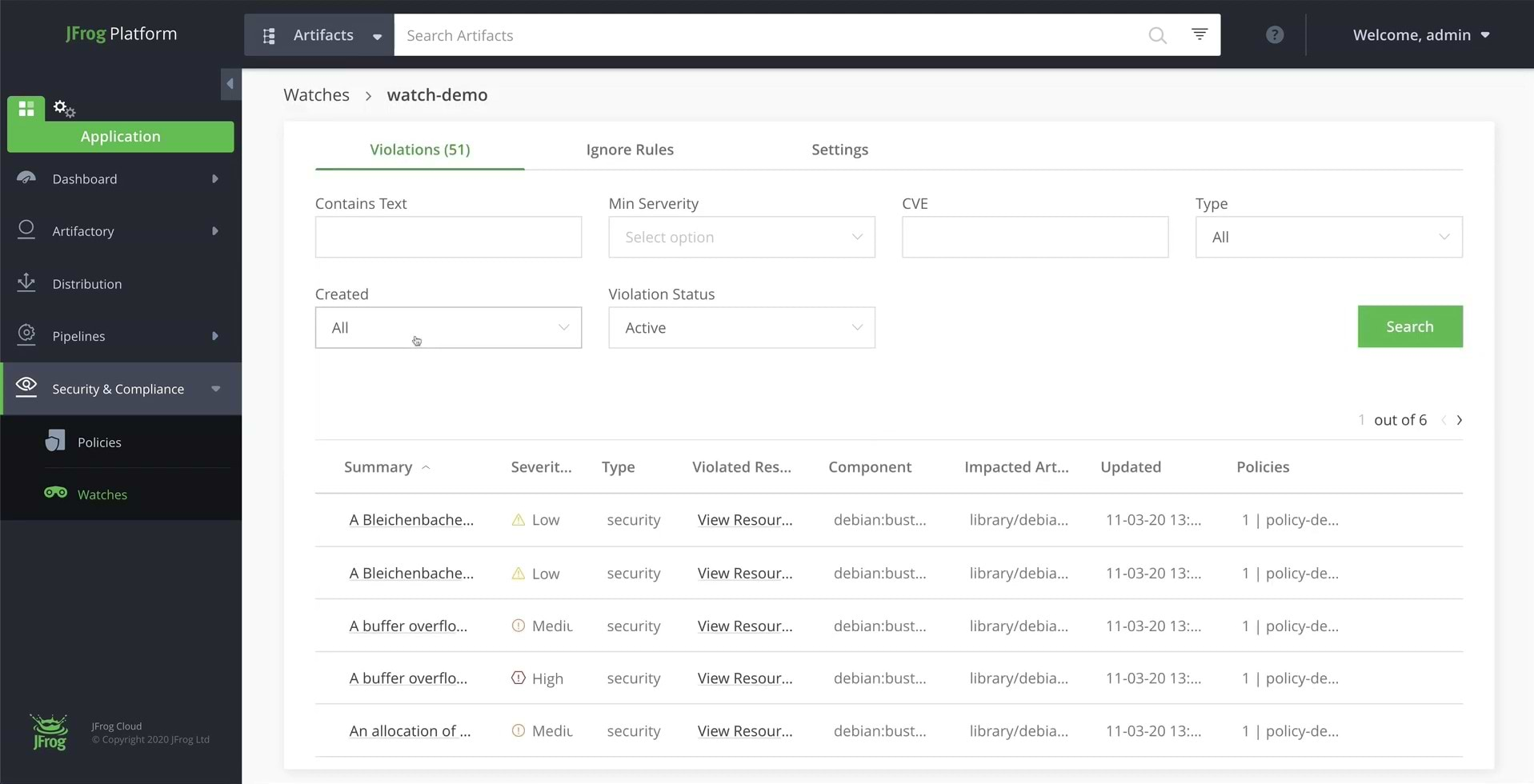 JFrog Xray vulnerabilities scan results