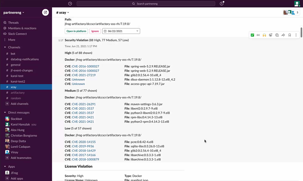 JFrog App for Slack Vulneratbility and License Compliance Report