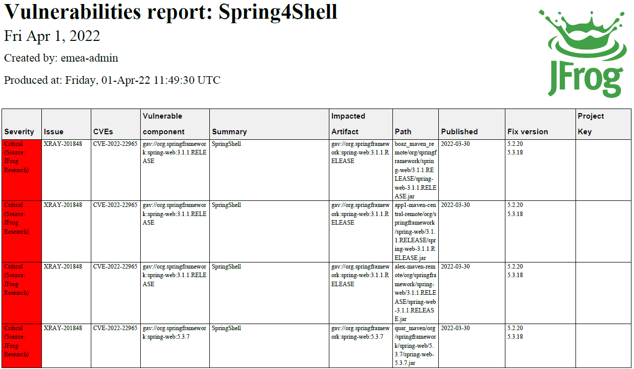 Vulnerability report Spring4Shell