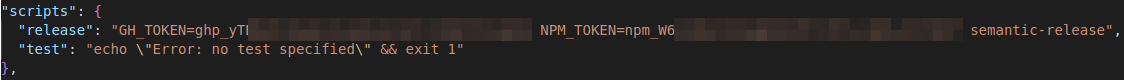 npm token leakage in npm scripts block package json