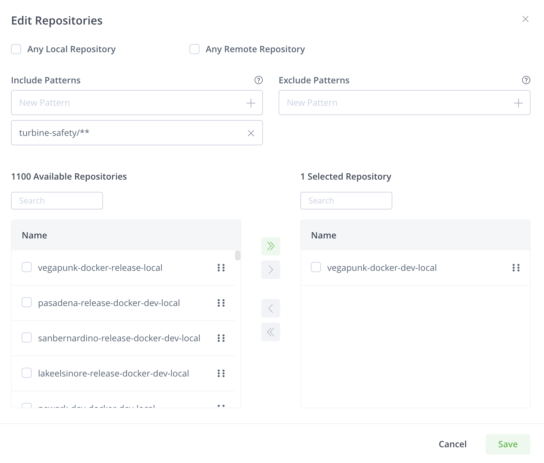 Screenshot of Repositories settings in Artifactory when setting up a new webhook.