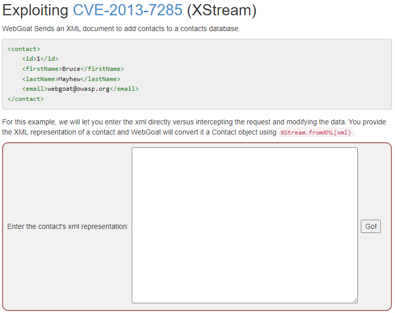 Xstream exploitation as part of WebGoat training