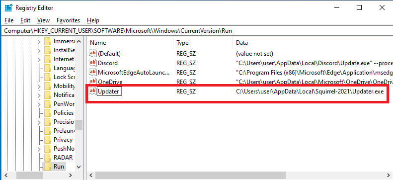 Installation of the malware via the Run registry key