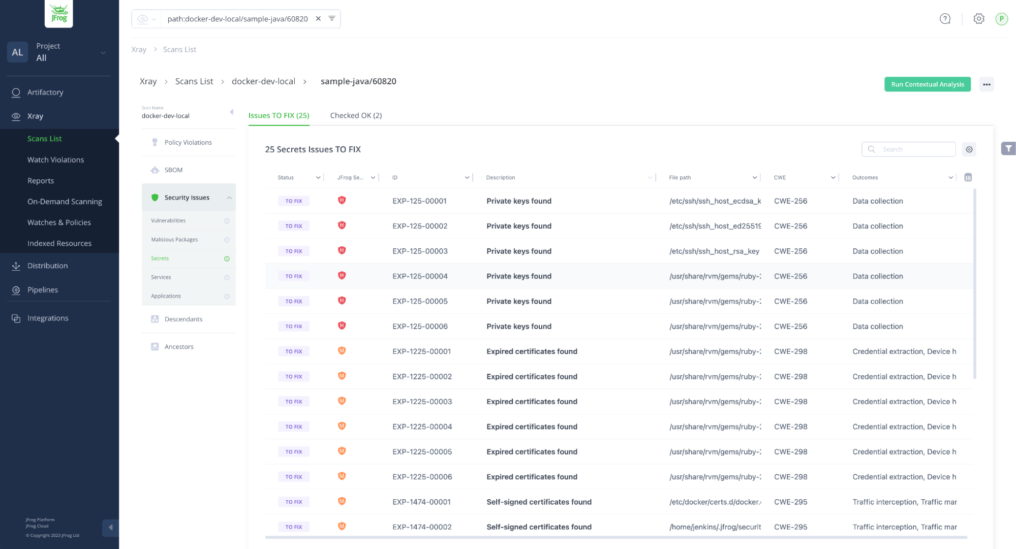 Secrets scanning result in JFrog Xray Advanced Security