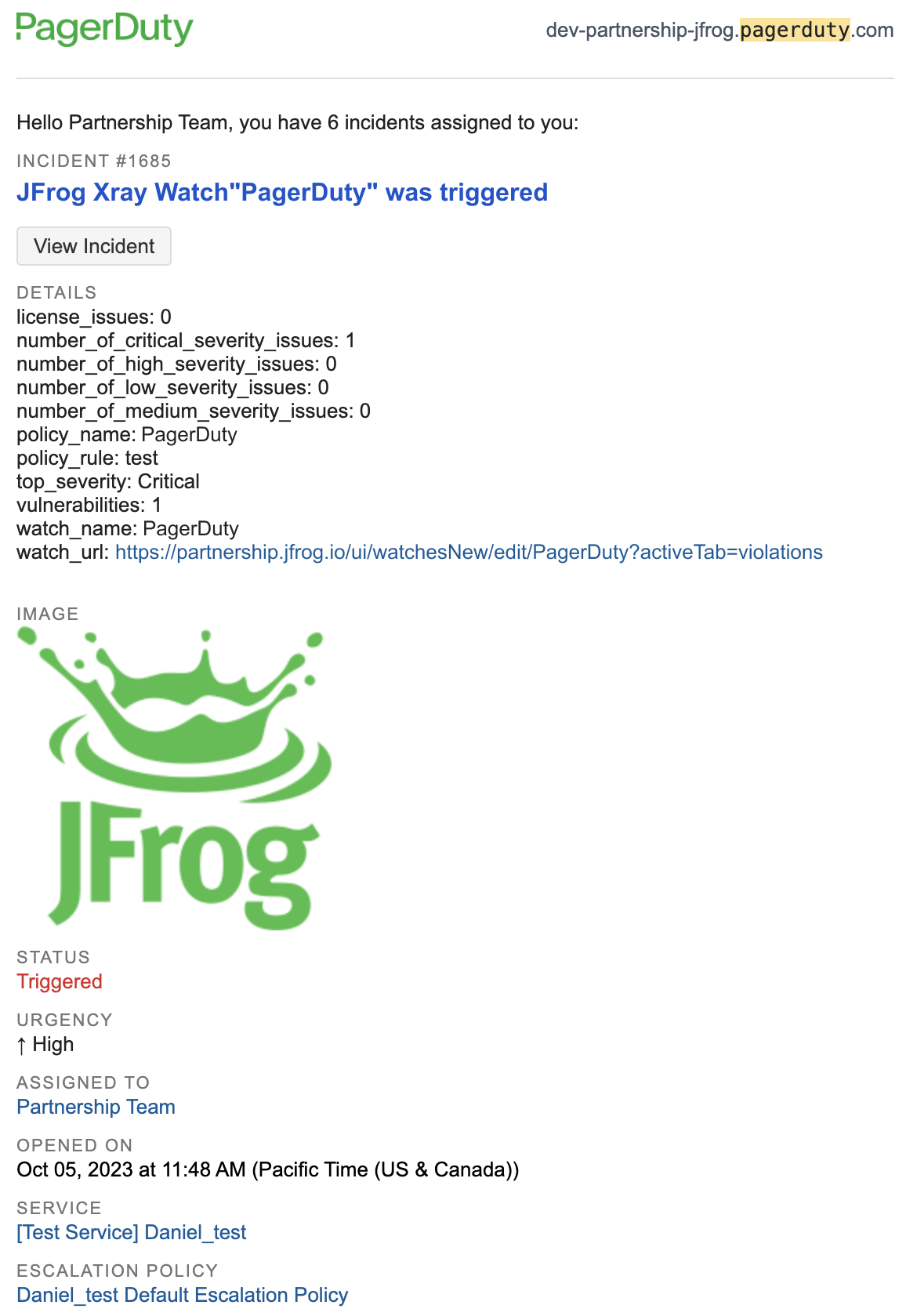 PagerDuty incident notification with a JFrog Xray Watch Violation summary and deep link to JFrog for complete details