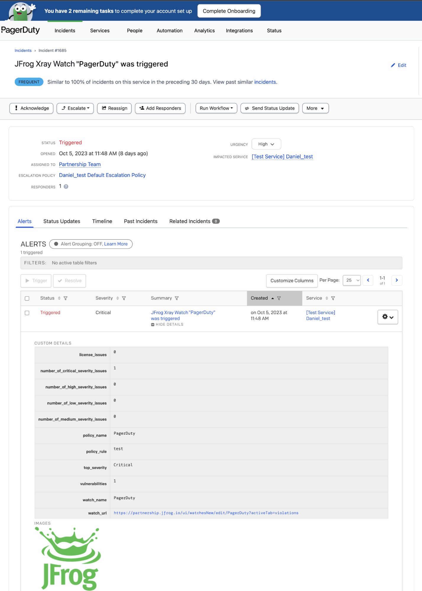 Detailed view of the PagerDuty incident notification with a JFrog Xray Watch Violation summary and deep link to JFrog for complete details