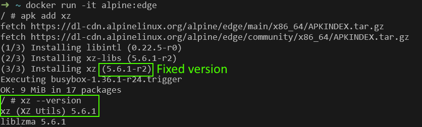  in Alpine Linux (edge branch), the output of xz --version is “5.6.1” even on the fixed version (5.6.1-r2)