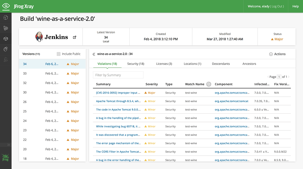 Violations on Watches in JFrog Xray