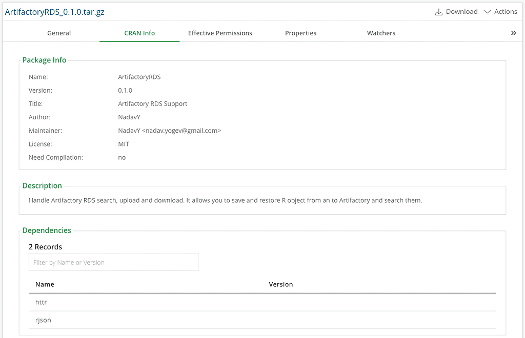 CRAN metadata in Artifactory UI