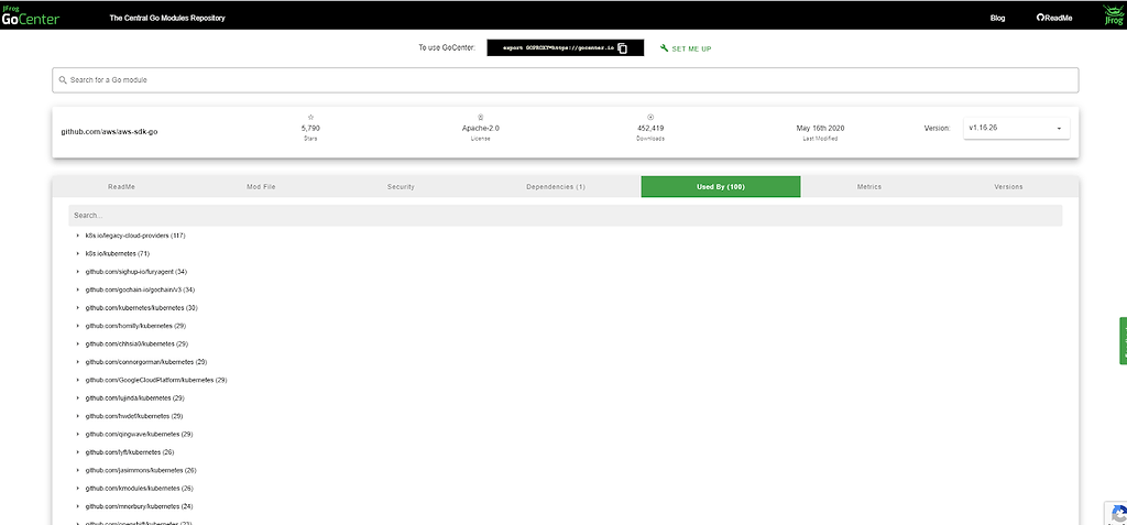 GoCenter goproxy "used by" module tab screenshot