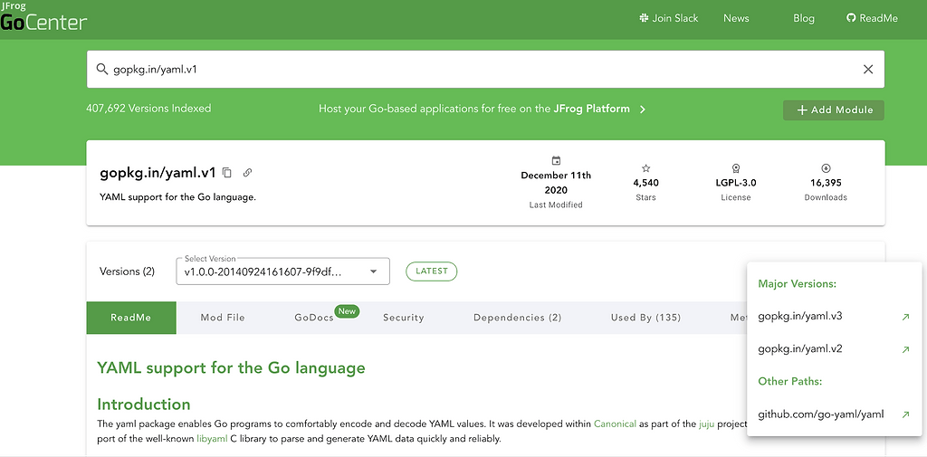 GoPkg YAML major versions in JFrog GoCenter