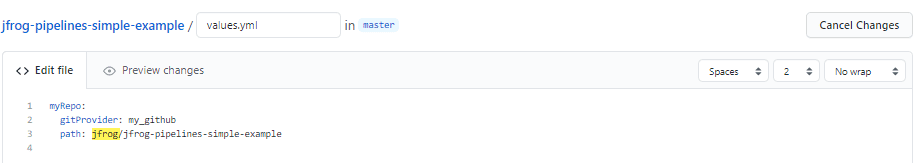 JFrog Pipelines Example Values File