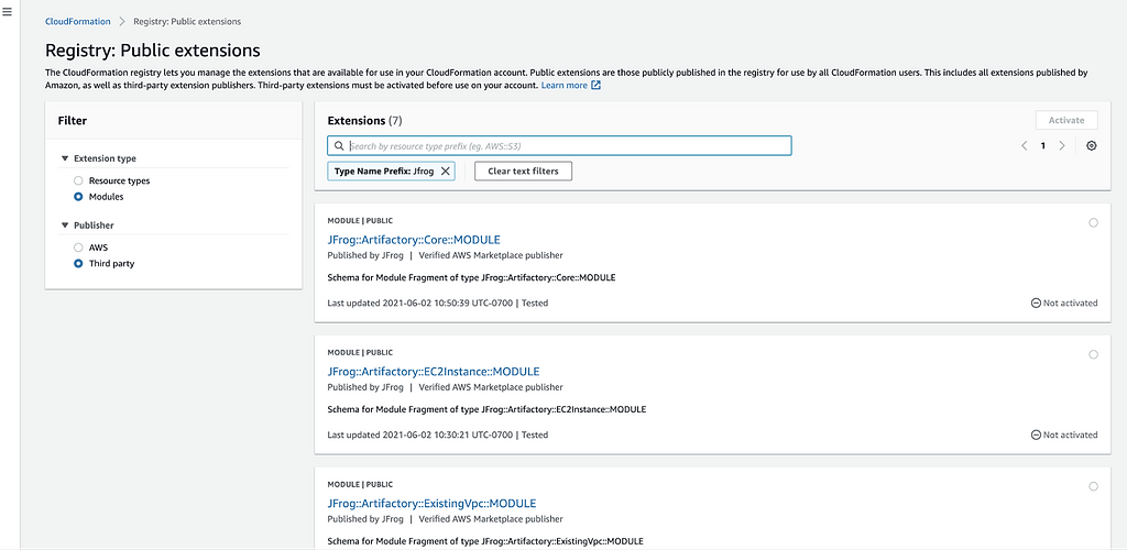 Search for JFrog in the AWS Cloud Formation Registry