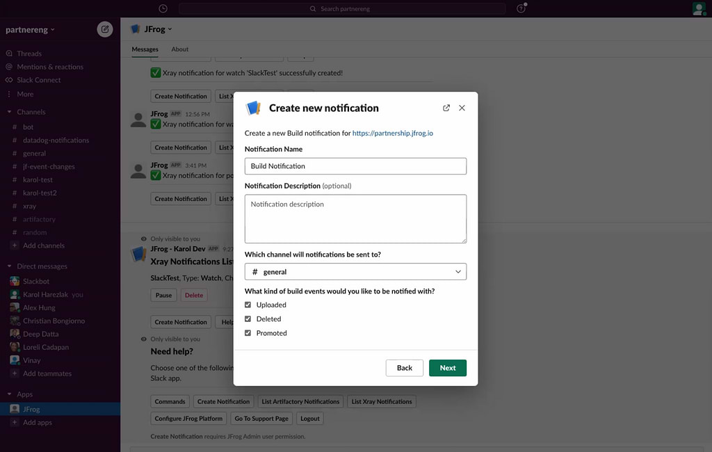 JFrog Slack App Create New Notification