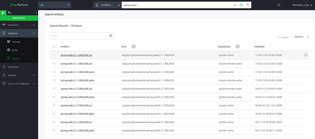 Use the search bar in Artifactory to lookup the spring-web artifacts