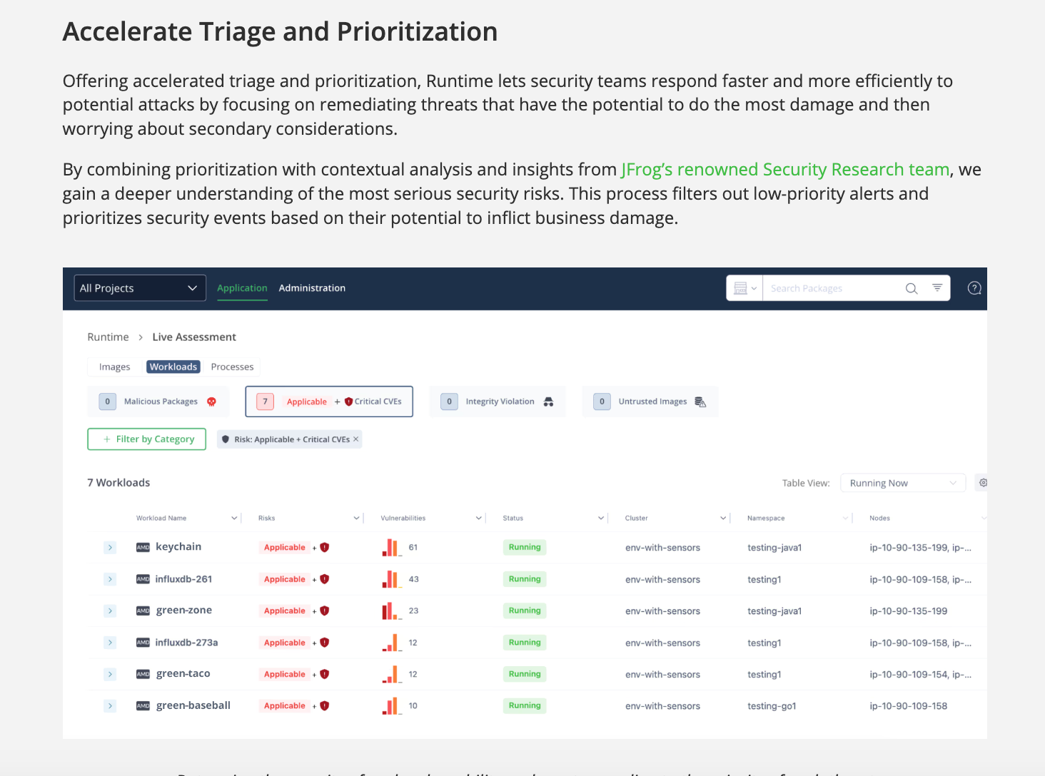 JFrog Runtime Workloads Screenshot