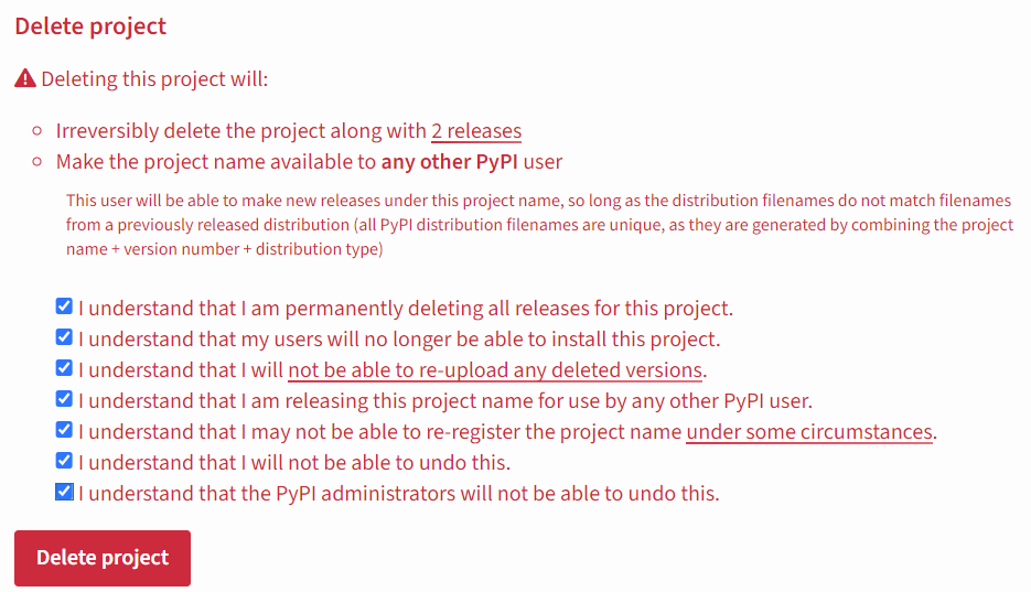 Project deletion dialog