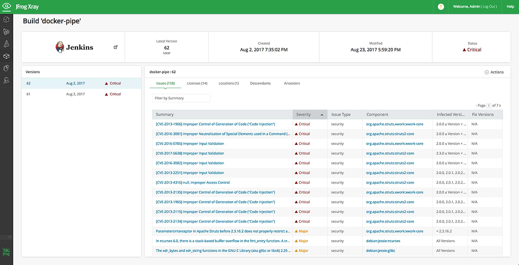 Xray build scan analysis list of vulnerabilities